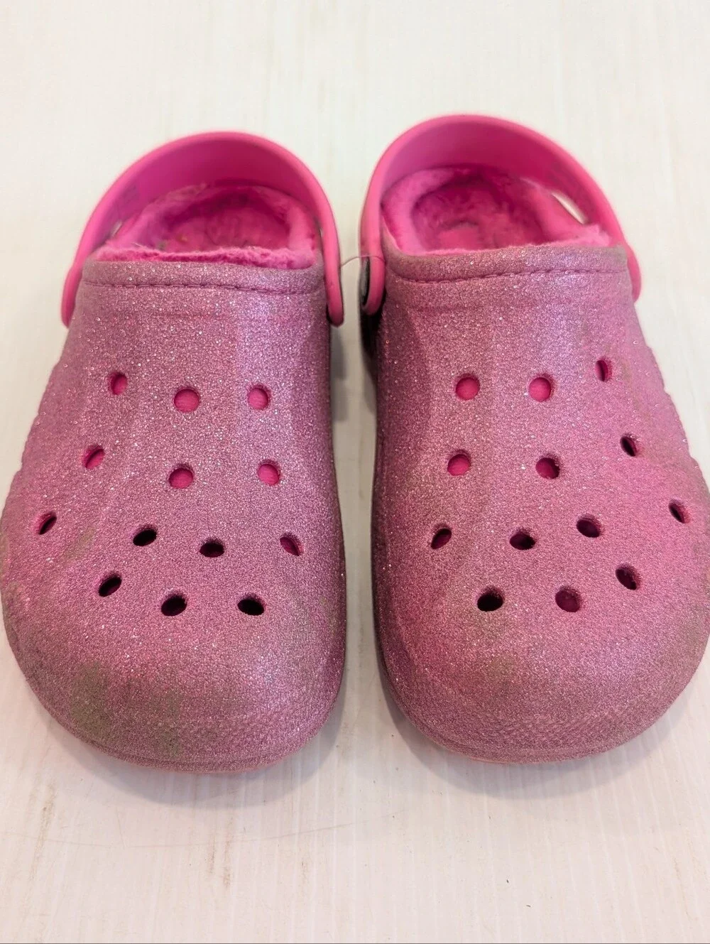 CROCS Girls Pink Glitter Fleece-Lined Clogs Size 3